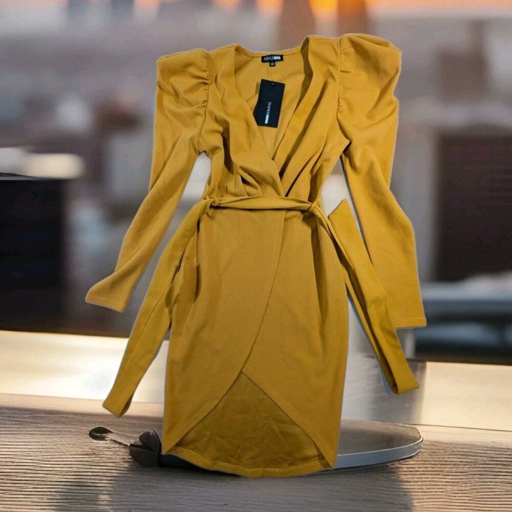 NWT Fashion Nova Wrap Dress Size S Puff Sleeves and Tie Belt